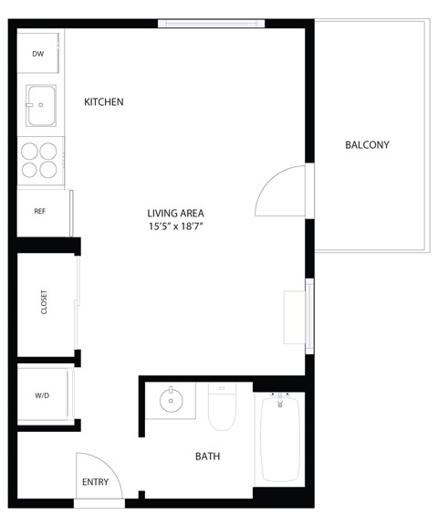 A floor plan of a small apartment with a living area, kitchen, bathroom, and two doors.